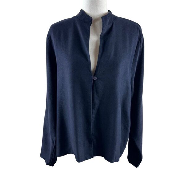 Eileen Fisher High Collar Lightweight Jacket Large Navy Rayon Easy Fit Coastal - Picture 1 of 10